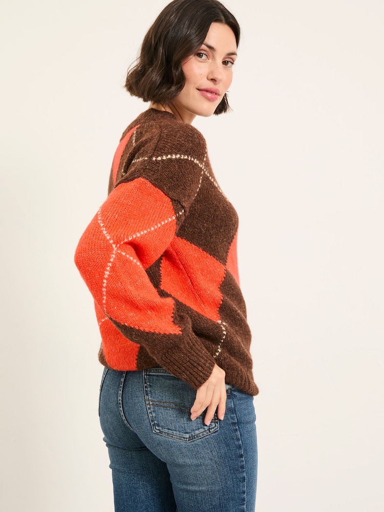 FatFace Ali Brown Argyle Knitted Jumper - Image 2 of 5