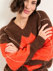 FatFace Ali Brown Argyle Knitted Jumper - Image 4 of 5