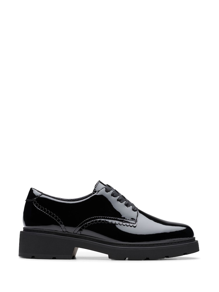 Clarks Black Patent Standard Fit (F) Older Girls Eris Pure Brogues - Image 1 of 6 Clarks Black Patent Standard Fit (F) Older Girls Eris Pure Brogues - Image 1 of 6