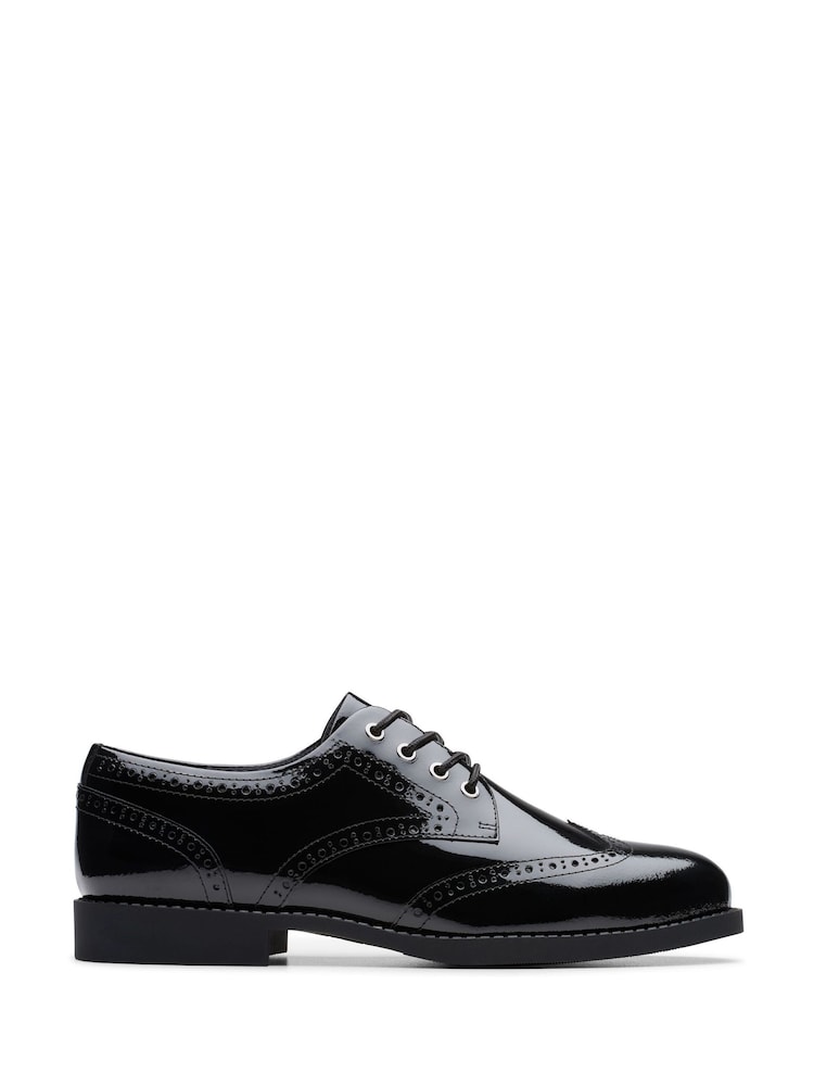 Clarks Black Patent Standard Fit (F) Older Girls Tapa Pure Leather Brogues - Image 1 of 6 Clarks Black Patent Standard Fit (F) Older Girls Tapa Pure Leather Brogues - Image 1 of 6