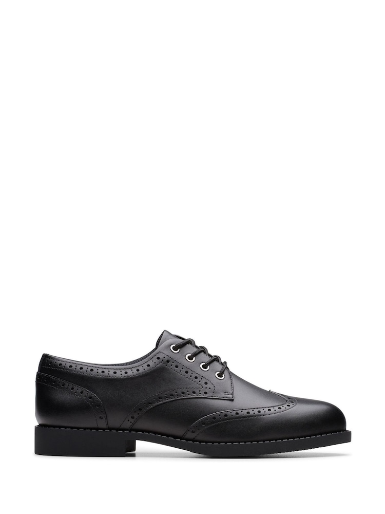 Clarks Black Leather Standard Fit (F) Older Girls Tapa Pure Leather Brogues - Image 1 of 6 Clarks Black Leather Standard Fit (F) Older Girls Tapa Pure Leather Brogues - Image 1 of 6
