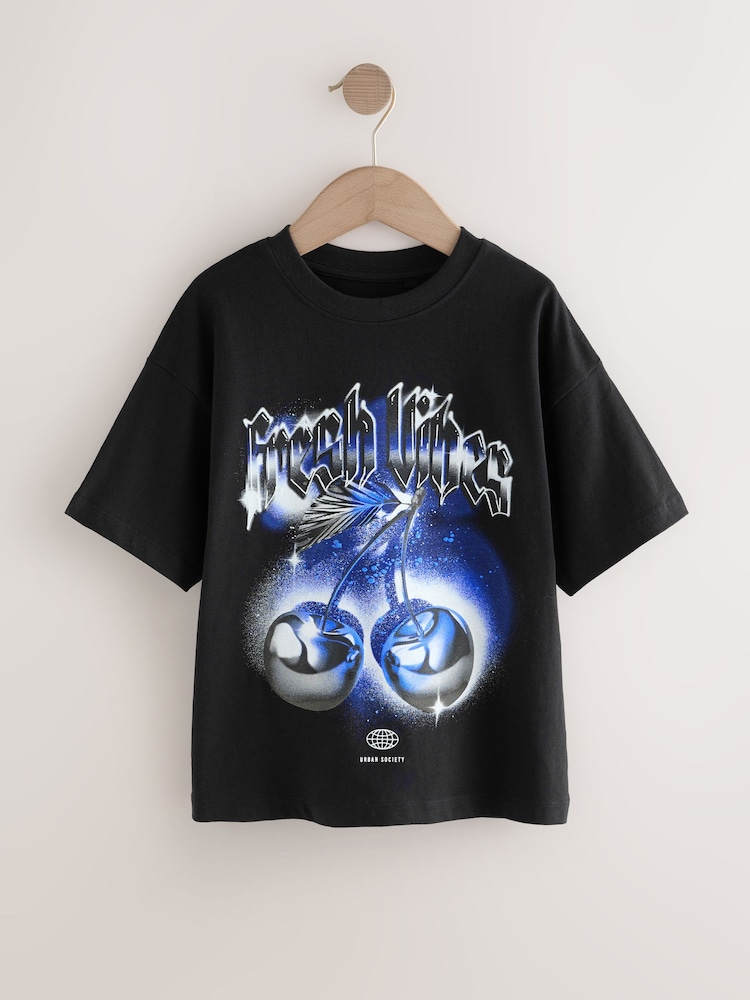Black/Blue Fresh Vibes Relaxed Fit Short Sleeve Graphic Print T-Shirt (3-16yrs) - Image 1 of 4