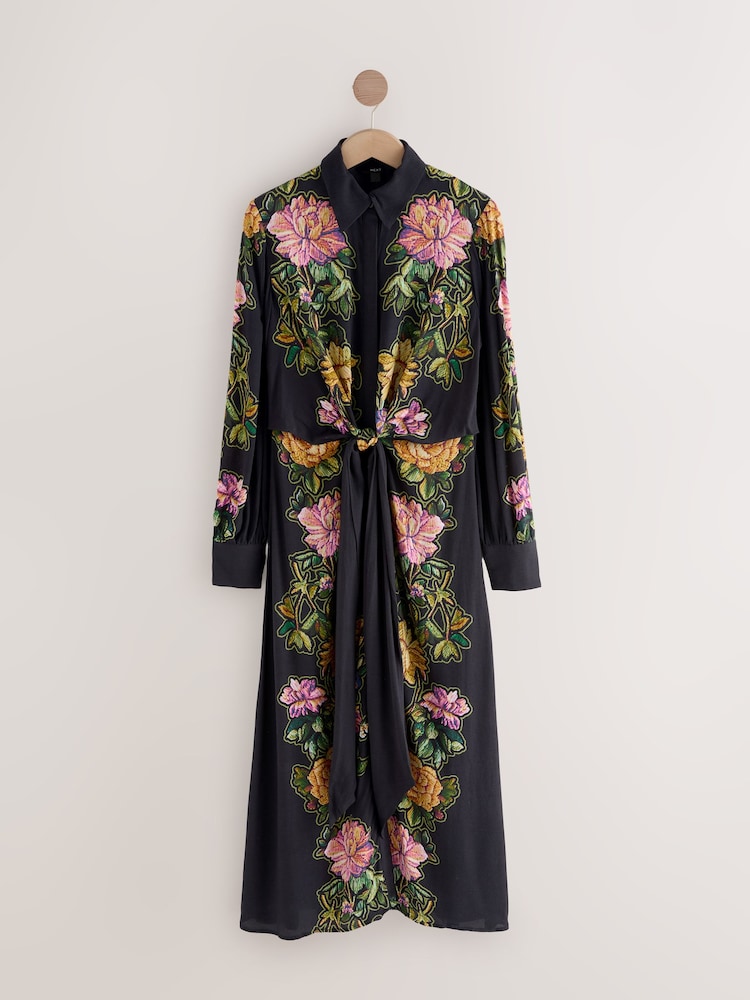 Black Floral Twist Front Maxi Shirt Dress - Image 1 of 3