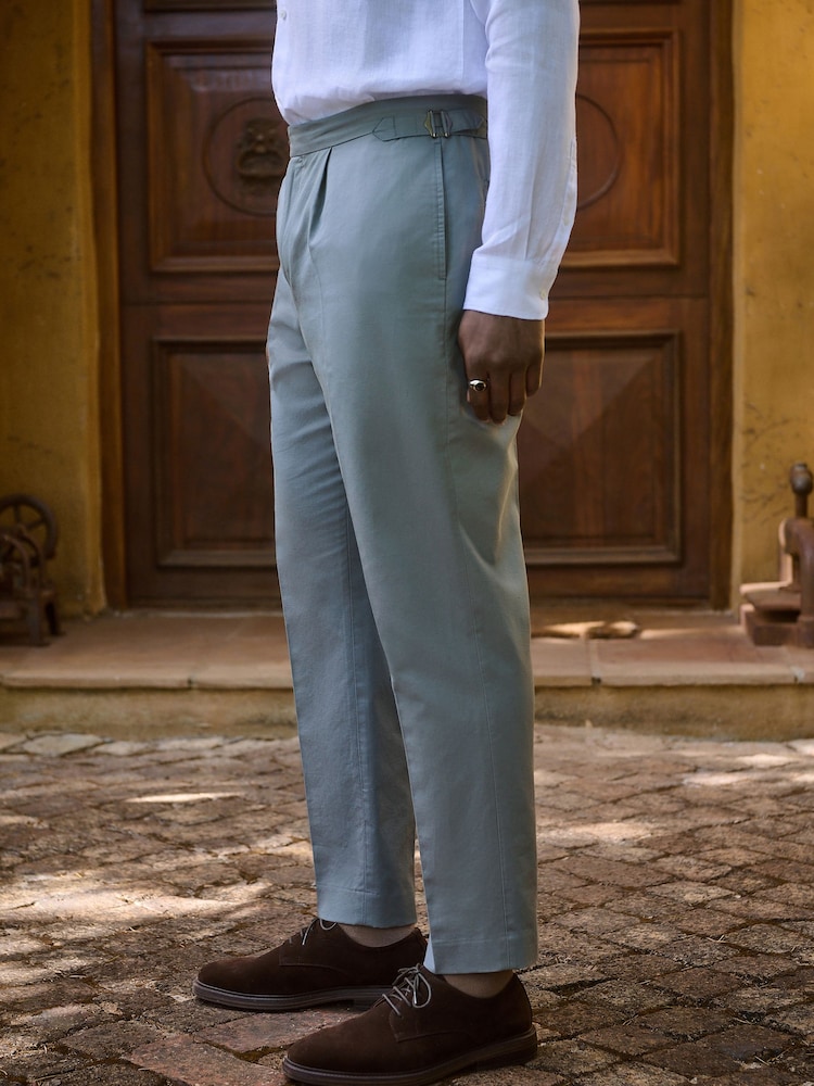 Blue Smart Cotton Blend Side Adjuster Trousers with Linen and Lyocell - Image 1 of 12 Blue Smart Cotton Blend Side Adjuster Trousers with Linen and Lyocell - Image 1 of 12
