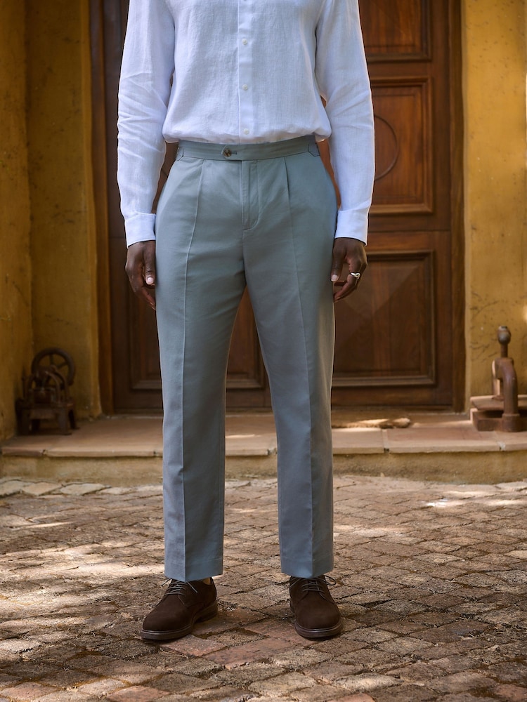 Blue Smart Cotton Blend Side Adjuster Trousers with Linen and Lyocell - Image 2 of 12 Blue Smart Cotton Blend Side Adjuster Trousers with Linen and Lyocell - Image 2 of 12