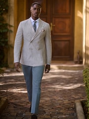 Blue Smart Cotton Blend Side Adjuster Trousers with Linen and Lyocell - Image 3 of 12