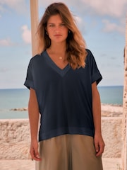Navy V-Neck Premium Modal Short Sleeve Top - Image 1 of 7