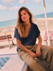 Navy V-Neck Premium Modal Short Sleeve Top - Image 2 of 7