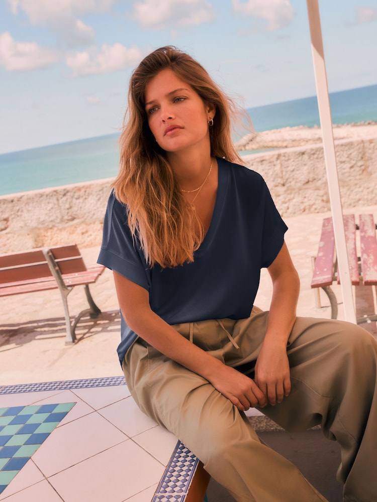 Navy V-Neck Premium Modal Short Sleeve Top - Image 2 of 7