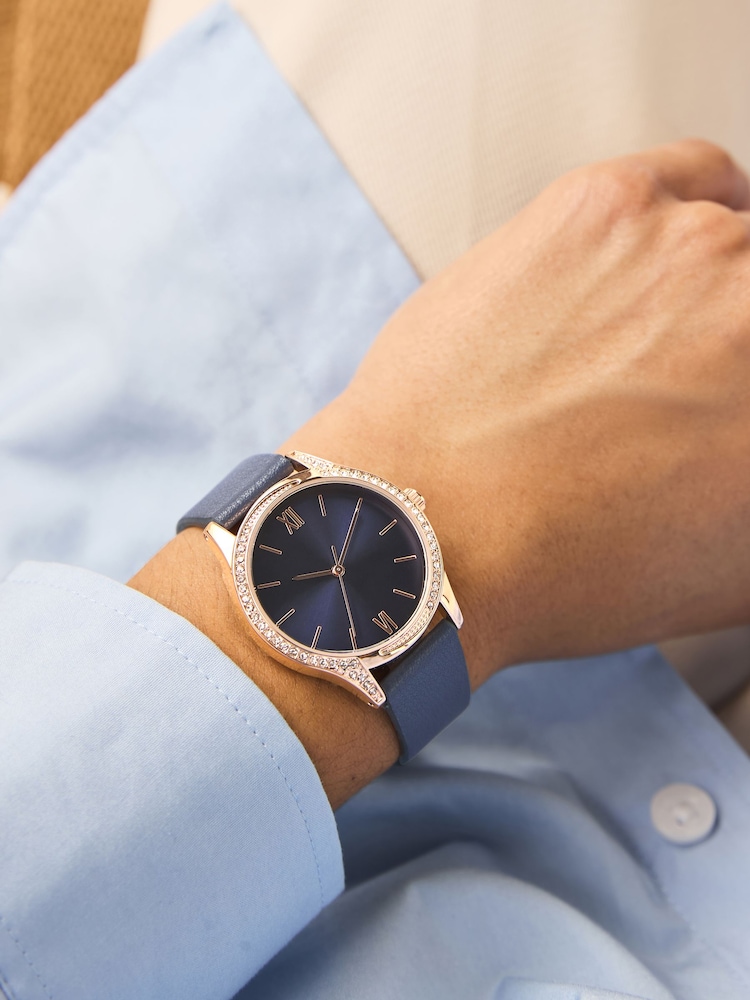 Navy Sparkle Dial PU Strap Watch - Image 1 of 4