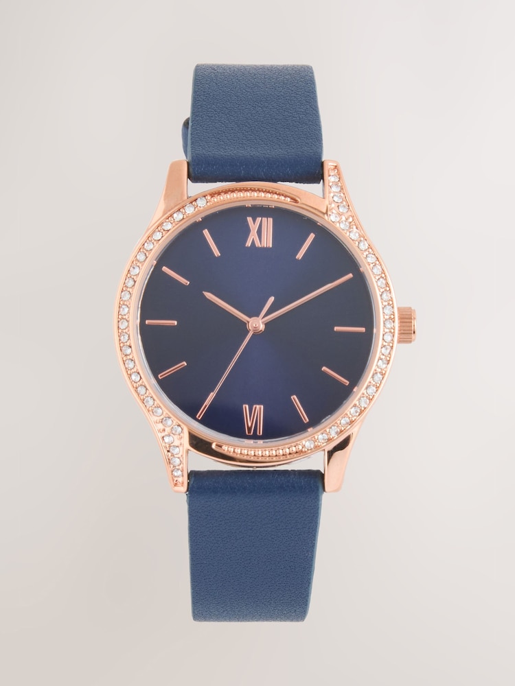Navy Sparkle Dial PU Strap Watch - Image 2 of 4