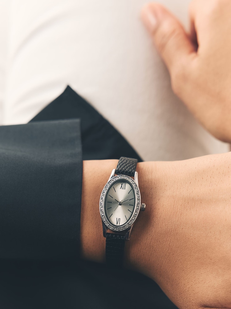 Black Croc Effect Oval Dial Watch - Image 1 of 5