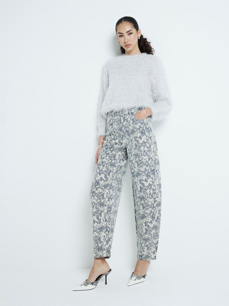 River Island Grey Seamed Snake Print Barrel 100% Cotton Jeans - Image 1 of 7