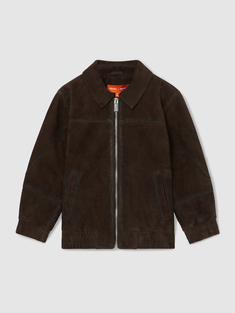 Reiss Distressed Brown Rally 3-9 yrs Unisex Fit McLaren F1 Team Suede Bomber Jacket - Image 2 of 7