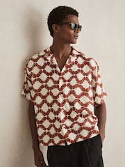 Reiss Off White/Rust Makarb Abstract Floral Print Cuban Shirt - Image 1 of 6