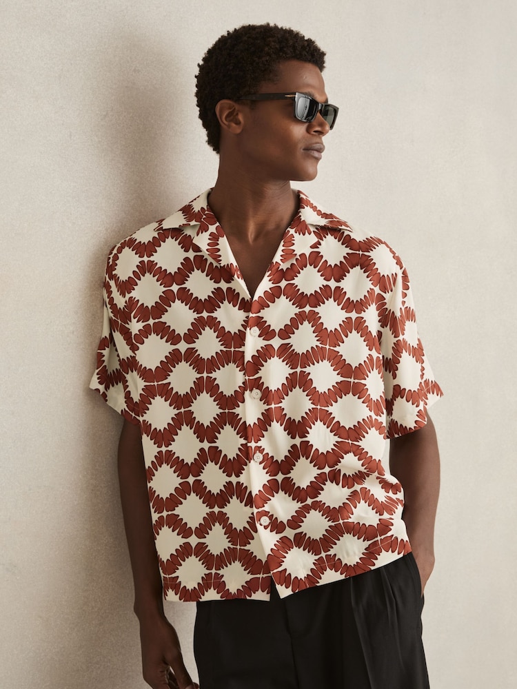 Reiss Off White/Rust Makarb Abstract Floral Print Cuban Shirt - Image 1 of 6