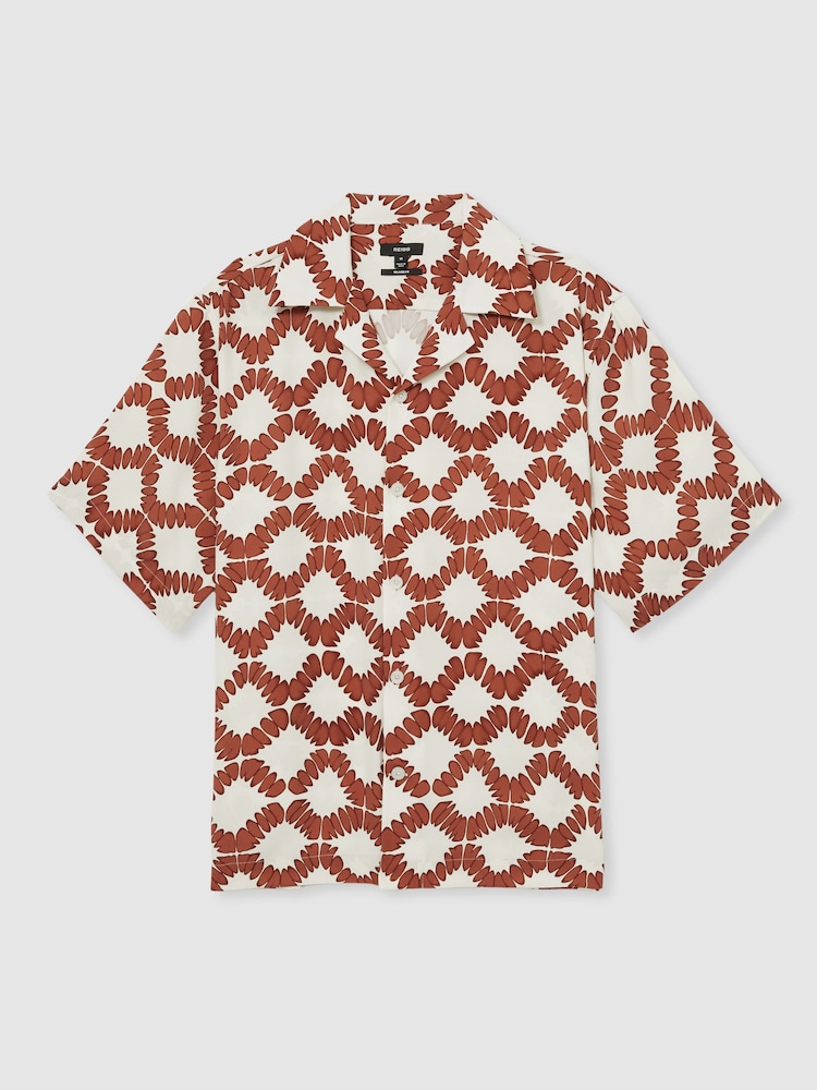 Reiss Off White/Rust Makarb Abstract Floral Print Cuban Shirt - Image 2 of 6