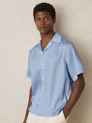 Reiss Soft Blue Barella Geometric Wave Print Cuban Shirt - Image 1 of 6