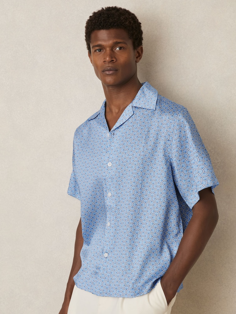 Reiss Soft Blue Barella Geometric Wave Print Cuban Shirt - Image 1 of 6
