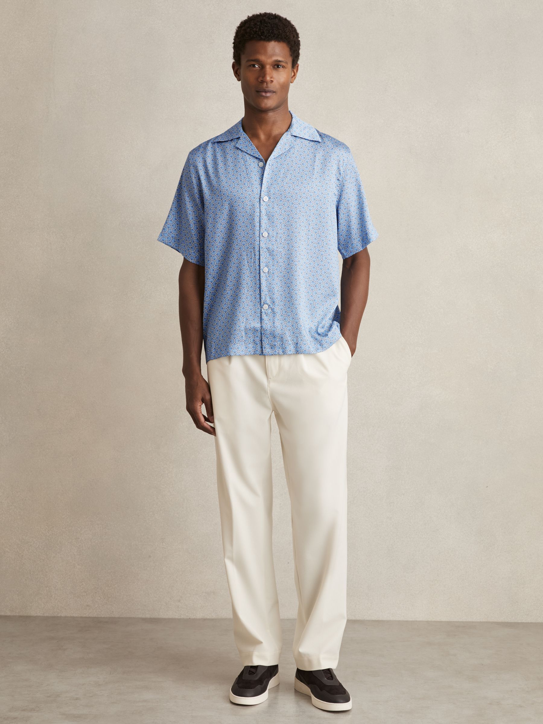 Buy Reiss Soft Blue Barella Geometric Wave Print Cuban Shirt from