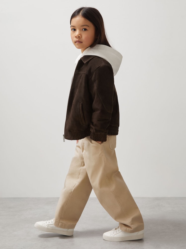 Reiss Distressed Brown Rally 9-13 yrs Unisex Fit McLaren F1 Team Suede Bomber Jacket - Image 1 of 7 Reiss Distressed Brown Rally 9-13 yrs Unisex Fit McLaren F1 Team Suede Bomber Jacket - Image 1 of 7