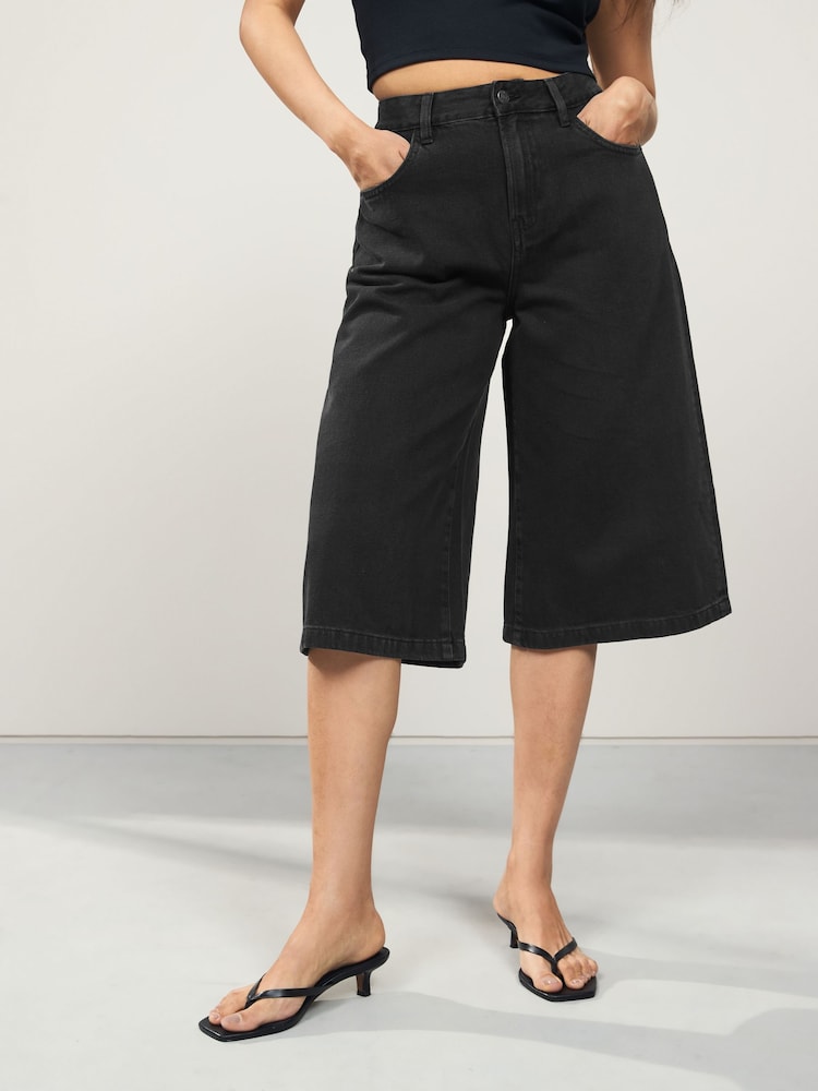 Washed Black Longline Jort Denim Shorts - Image 2 of 7
