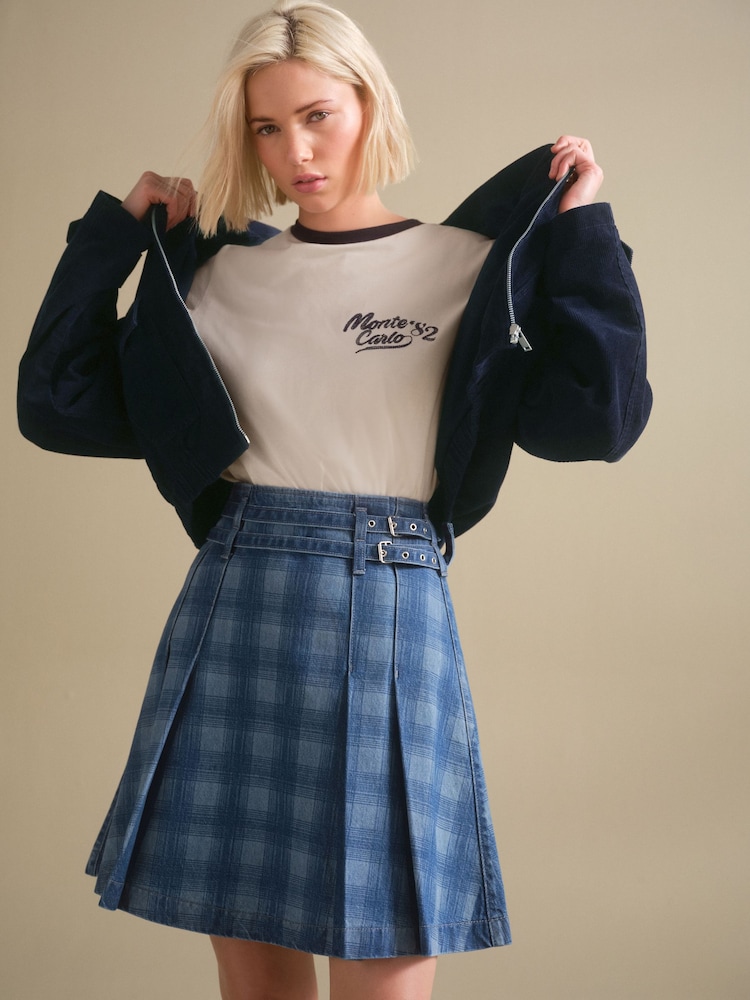 Blue Denim Belted Kilt Skirt - Image 1 of 7