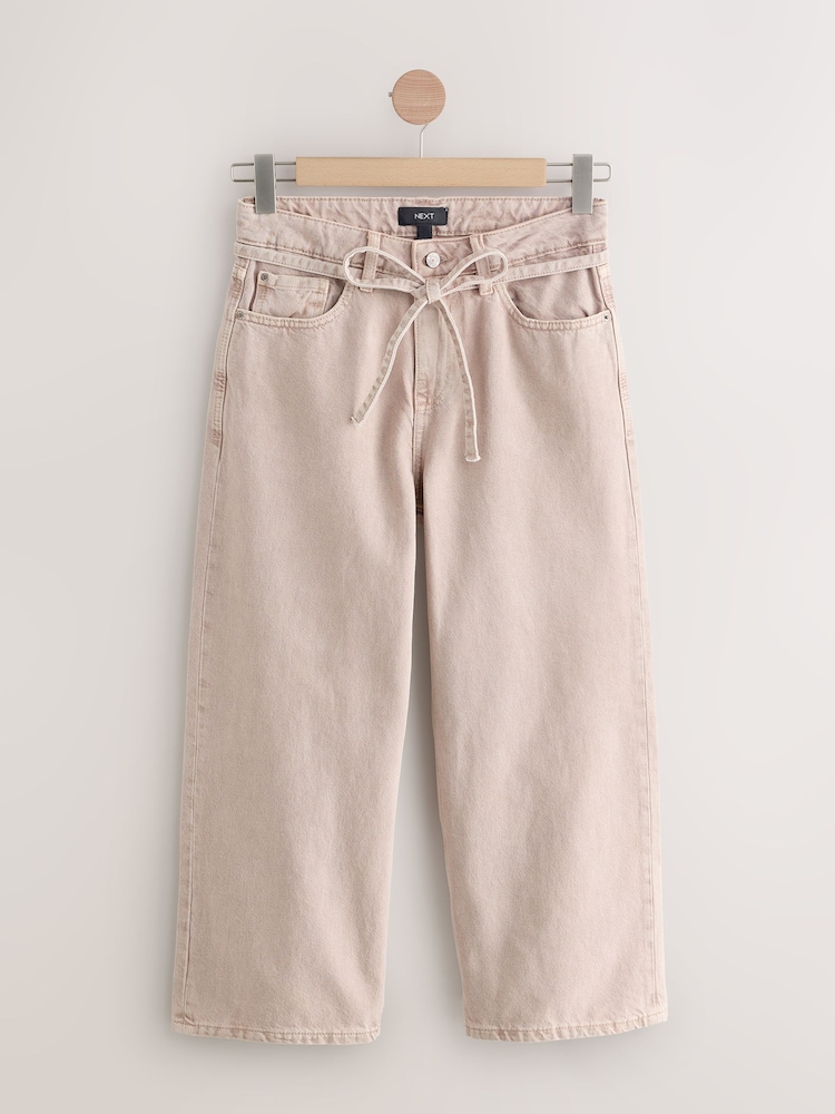 Pink Tie-Waist Cropped Wide Leg Jeans - Image 1 of 4 Pink Tie-Waist Cropped Wide Leg Jeans - Image 1 of 4