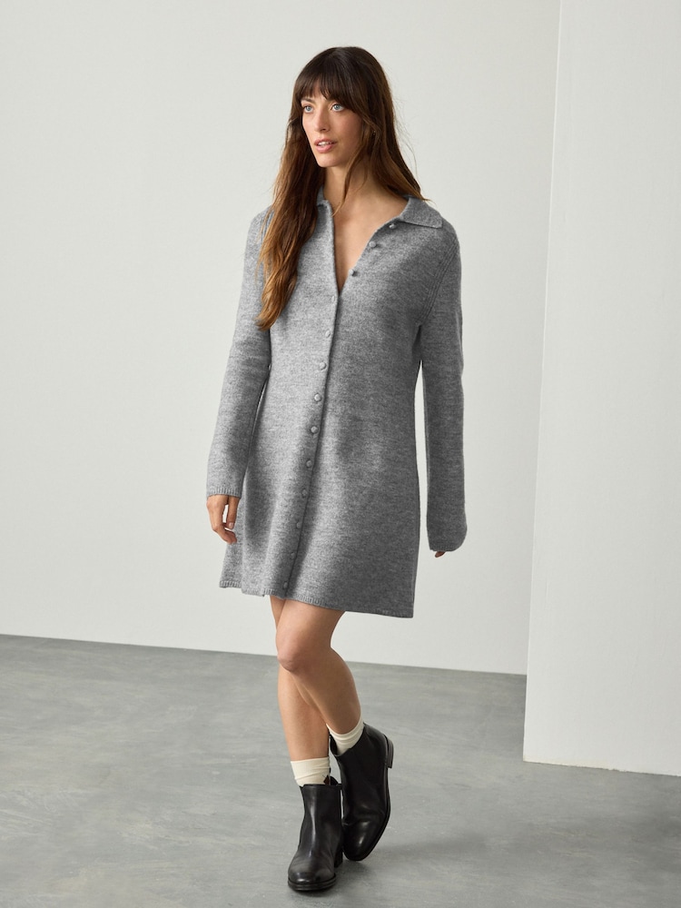 Grey Button Down Long Sleeve Collar Knitted Dress - Image 1 of 8
