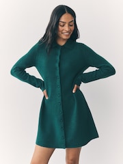 Teal Blue Button Down Long Sleeve Collar Knitted Dress - Image 1 of 7