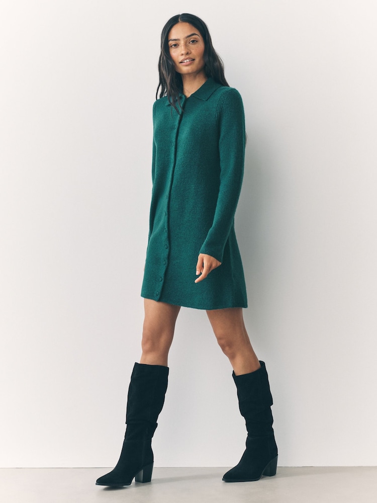 Buy Teal Blue Button Down Long Sleeve Collar Knitted Jumper Dress from Next USA Buy Teal Blue Button Down Long Sleeve Collar Knitted Jumper Dress from Next USA