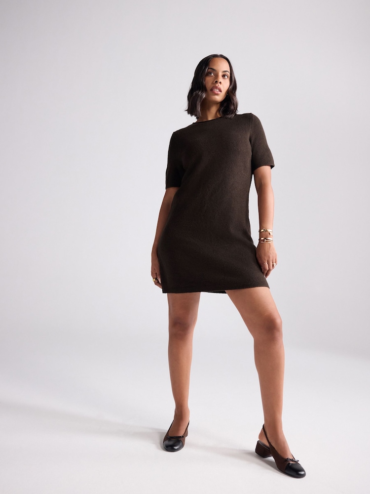 Chocolate Brown Roll Edge Knitted Mini Dress With Wool - Image 1 of 7