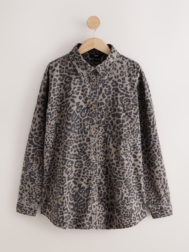 Leopard Print Oversize Denim Shirt - Image 1 of 3