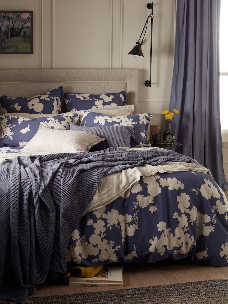Secret Linen Store Ink Blue Flower Press Linen Blend Duvet Cover - Image 1 of 4