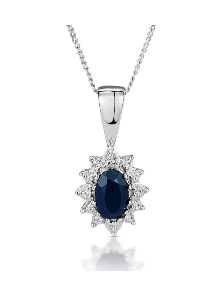 The Diamond Store 9K White Gold 6 x 4mm Sapphire And Diamond Pendant Necklace - Image 1 of 5