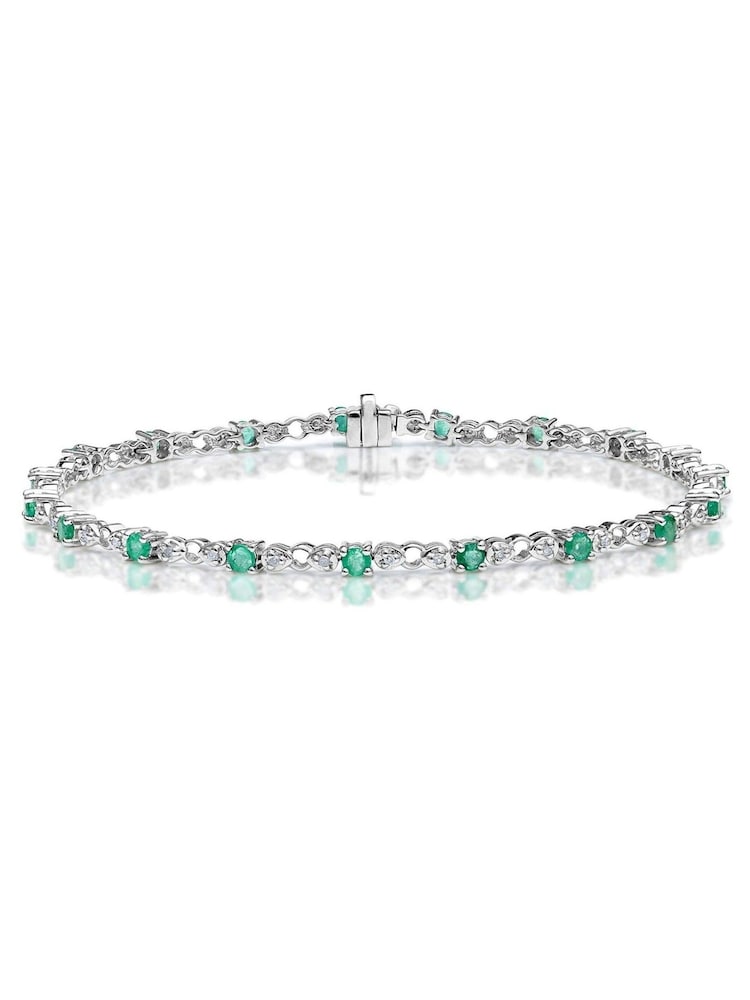 The Diamond Store Green Emerald and Lab Diamond Tennis Bracelet Claw Set in 925 Silver - Image 1 of 3