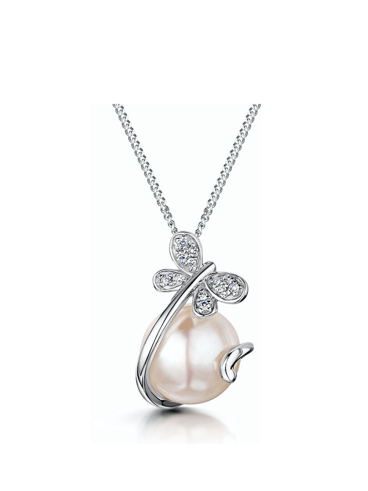 The Diamond Store 9K White Gold Button Pearl and Diamond Stellato Pendant Necklace - Image 1 of 6