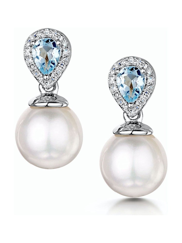 The Diamond Store 9K White Gold 7.5mm Pearl Blue Topaz and Diamond Stellato Earrings - Image 1 of 6