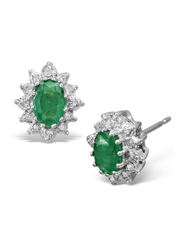 The Diamond Store Green 9K White Gold Tone Emerald 6 x 4mm And Diamond Cluster Earrings - Image 1 of 3 The Diamond Store Green 9K White Gold Tone Emerald 6 x 4mm And Diamond Cluster Earrings - Image 1 of 3