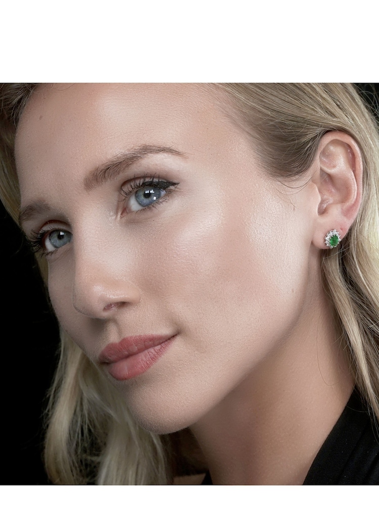 The Diamond Store Green 9K White Gold Tone Emerald 6 x 4mm And Diamond Cluster Earrings - Image 2 of 3