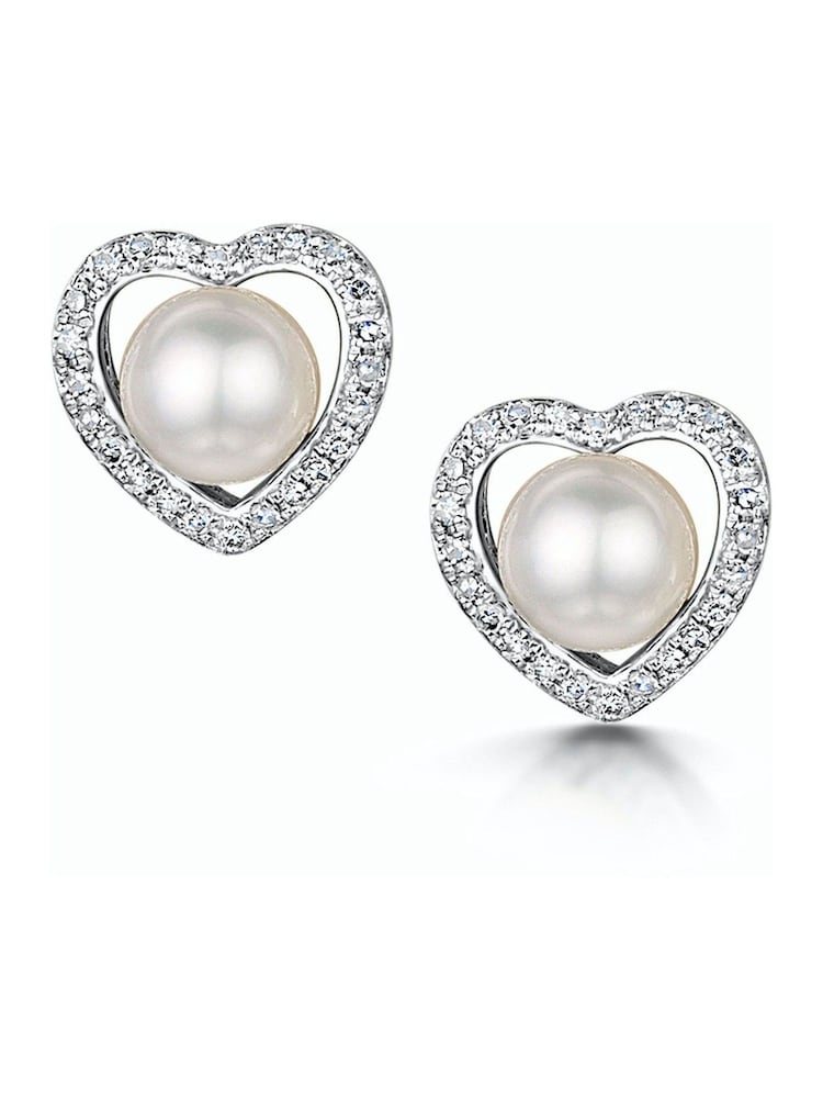 The Diamond Store White Stellato Collection Pearl and Diamond Heart Earrings in 9K White Gold - Image 1 of 6