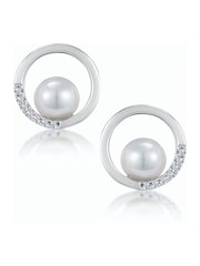 The Diamond Store 9K White Gold Pearl and Diamond Stellato Circle Earrings - Image 1 of 5