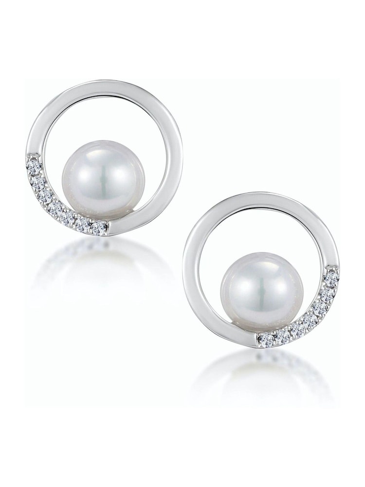 The Diamond Store 9K White Gold Pearl and Diamond Stellato Circle Earrings - Image 1 of 5