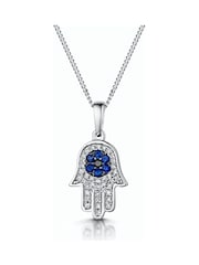 The Diamond Store Blue Sapphire Black Diamond Hamsa Evil Eye Pendant 9K White Gold Tone Necklace - Image 1 of 5