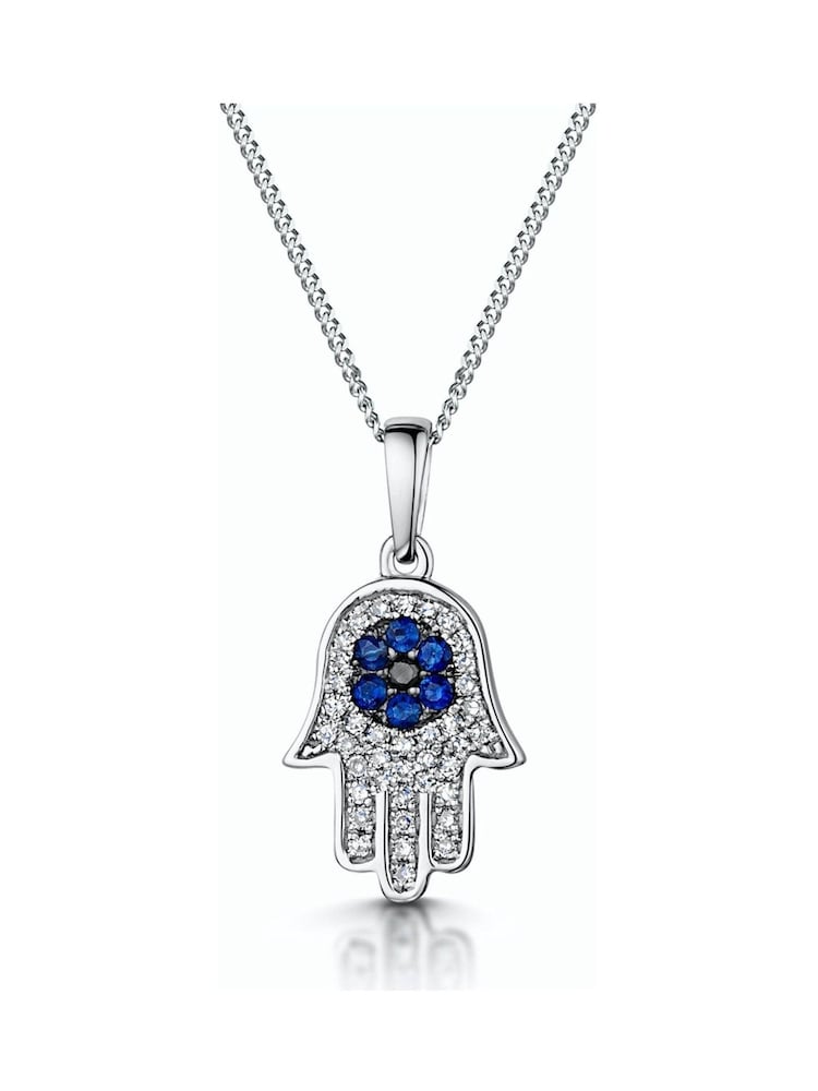 The Diamond Store Blue Sapphire Black Diamond Hamsa Evil Eye Pendant 9K White Gold Tone Necklace - Image 1 of 5