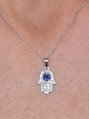 The Diamond Store Blue Sapphire Black Diamond Hamsa Evil Eye Pendant 9K White Gold Tone Necklace - Image 4 of 5