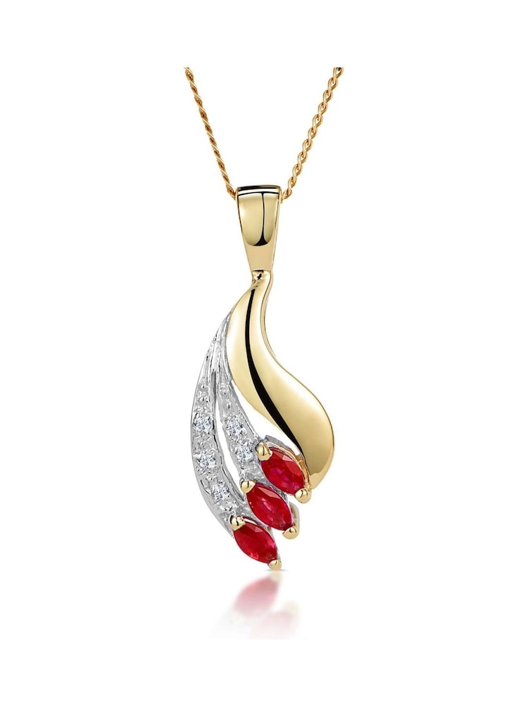 The Diamond Store 9K Yellow Gold Red Ruby 4 x 2mm And Diamond Pendant Necklace - Image 1 of 5
