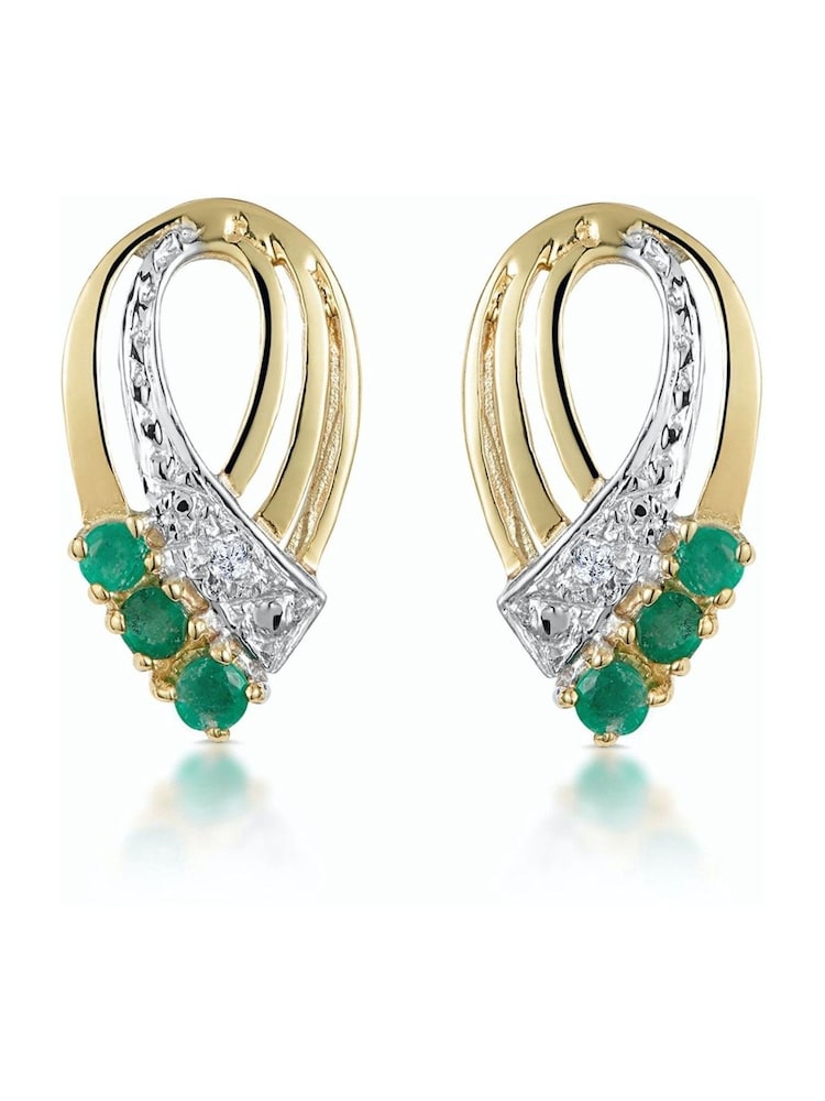The Diamond Store Green 9K Yellow Gold Tone Emerald 8 x 15mm And Diamond Earrings - Image 1 of 4