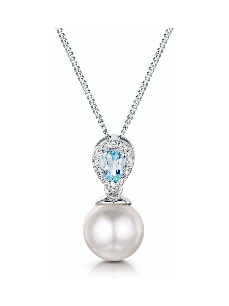 The Diamond Store 9K White Gold Pearl and Blue Topaz Diamond Pendant Necklace - Image 1 of 5