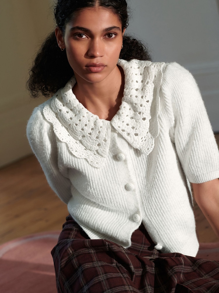 White Crochet Collar Short Sleeve Cardigan - Image 1 of 7